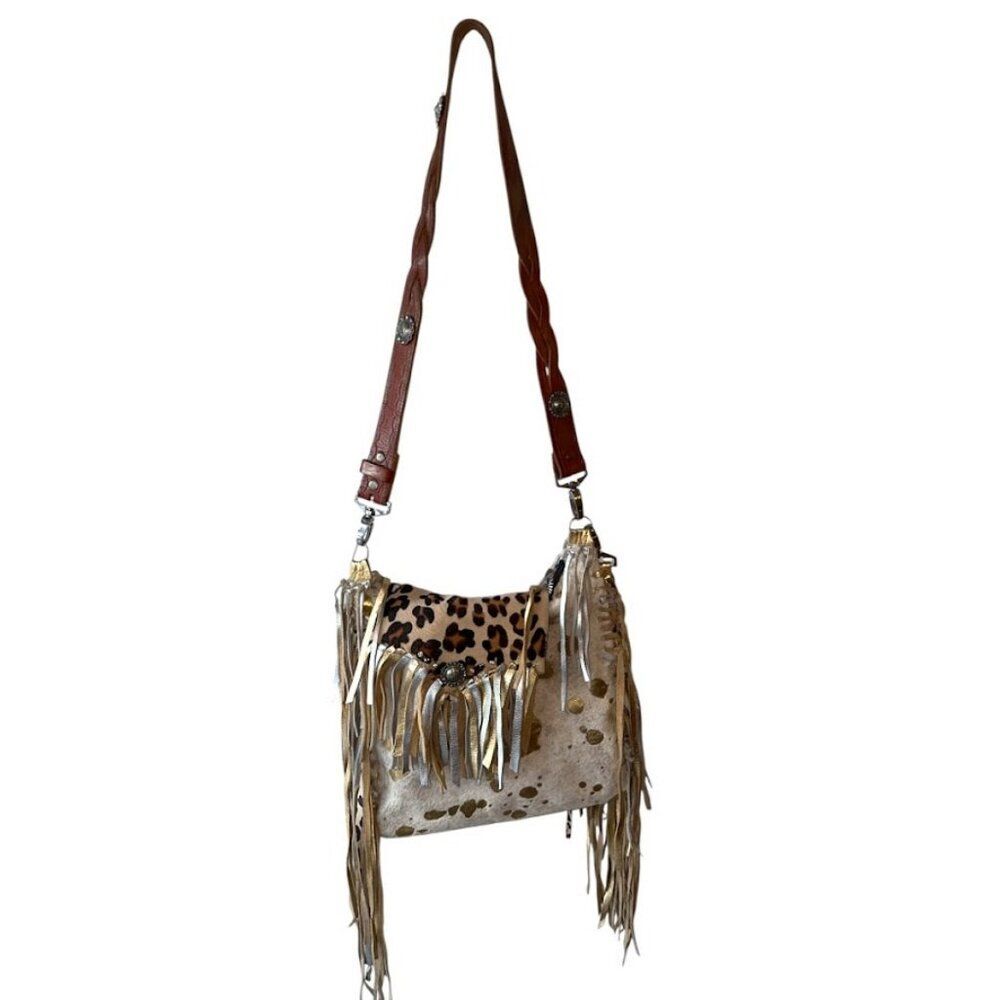 Handmade White & Leopard Cowhide Fringed Leather Crossbody Purse